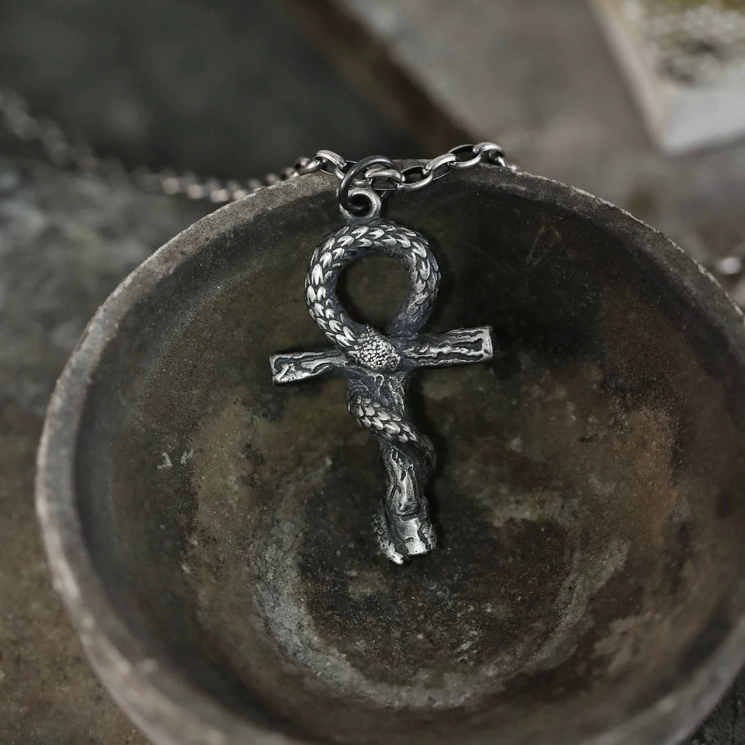 Vintage Egyptian Snake Ankh Cross Silver Necklace