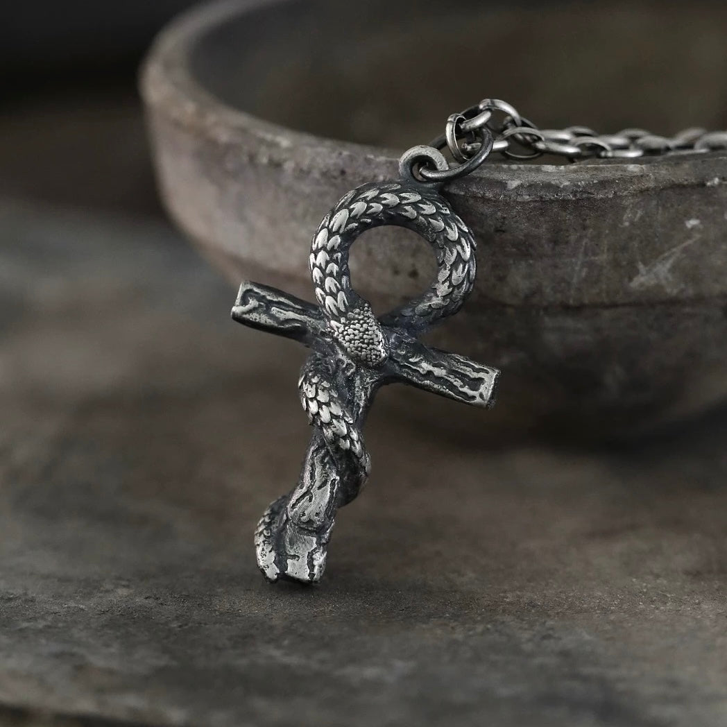 Vintage Egyptian Snake Ankh Cross Silver Necklace