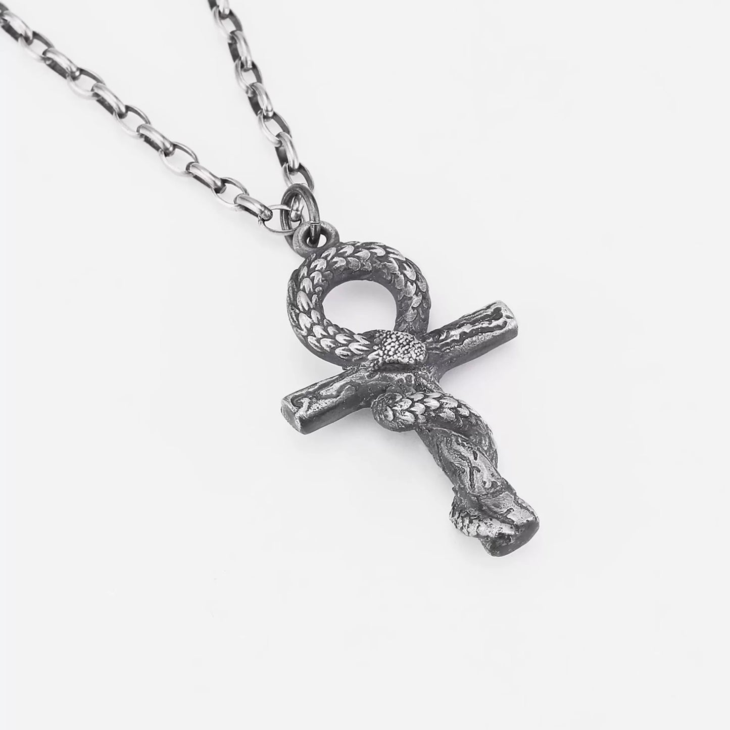 Vintage Egyptian Snake Ankh Cross Silver Necklace