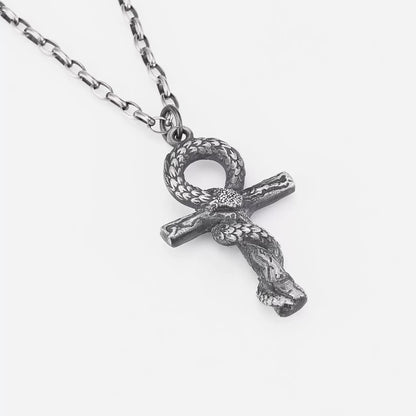 Vintage Egyptian Snake Ankh Cross Silver Necklace