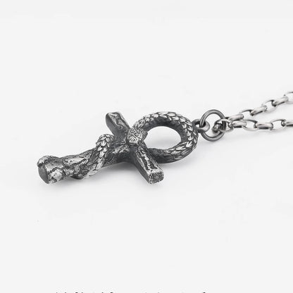 Vintage Egyptian Snake Ankh Cross Silver Necklace