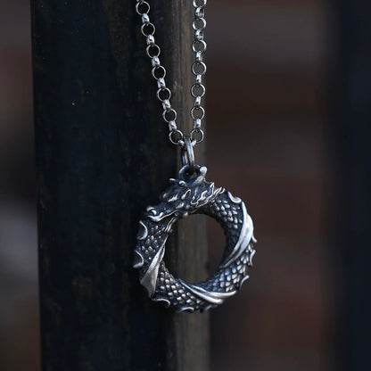 Oxidised Ouroboros Dragon Eating Its Tail Silver Necklace