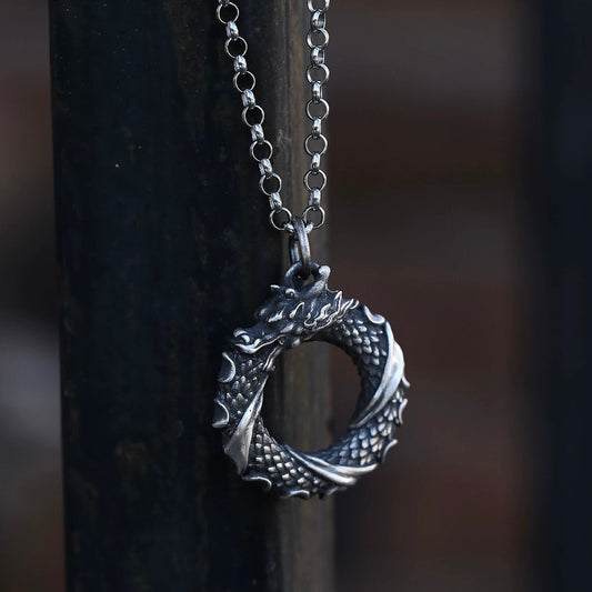 Oxidised Ouroboros Dragon Eating Its Tail Silver Necklace