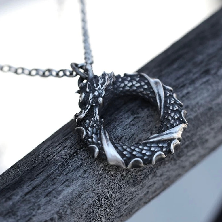 Oxidised Ouroboros Dragon Eating Its Tail Silver Necklace