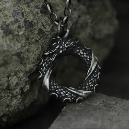 Oxidised Ouroboros Dragon Eating Its Tail Silver Necklace