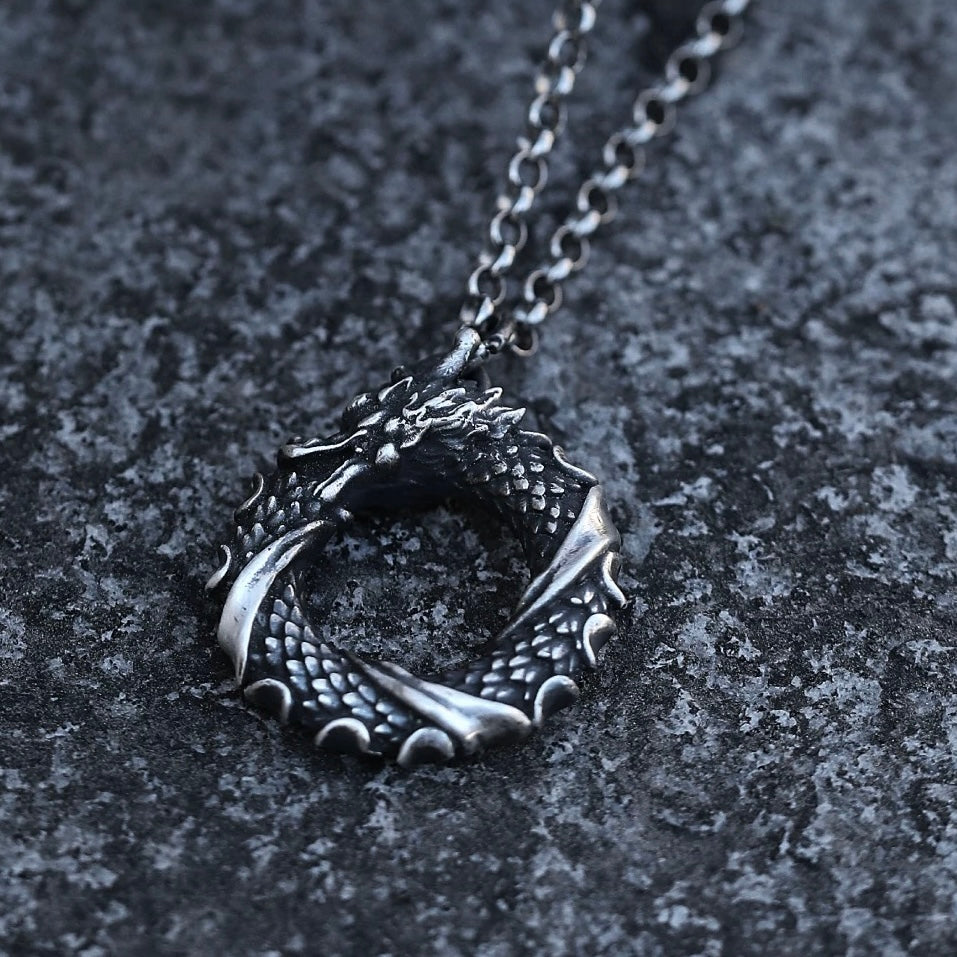 Oxidised Ouroboros Dragon Eating Its Tail Silver Necklace