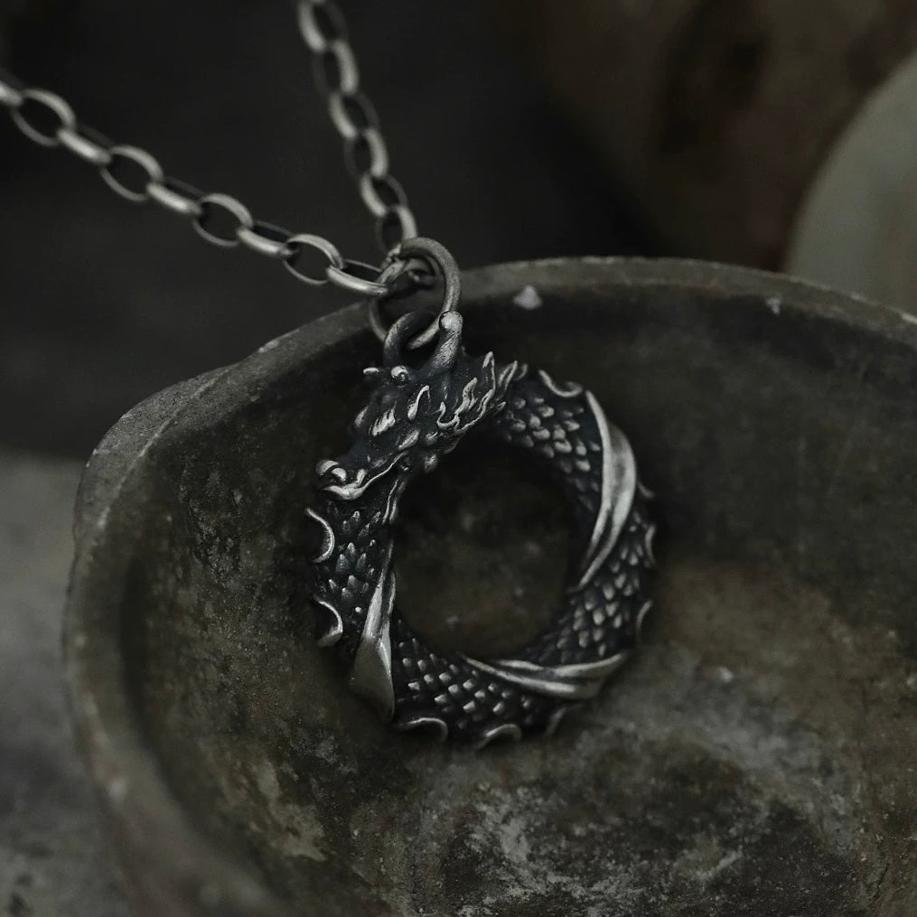 Oxidised Ouroboros Dragon Eating Its Tail Silver Necklace