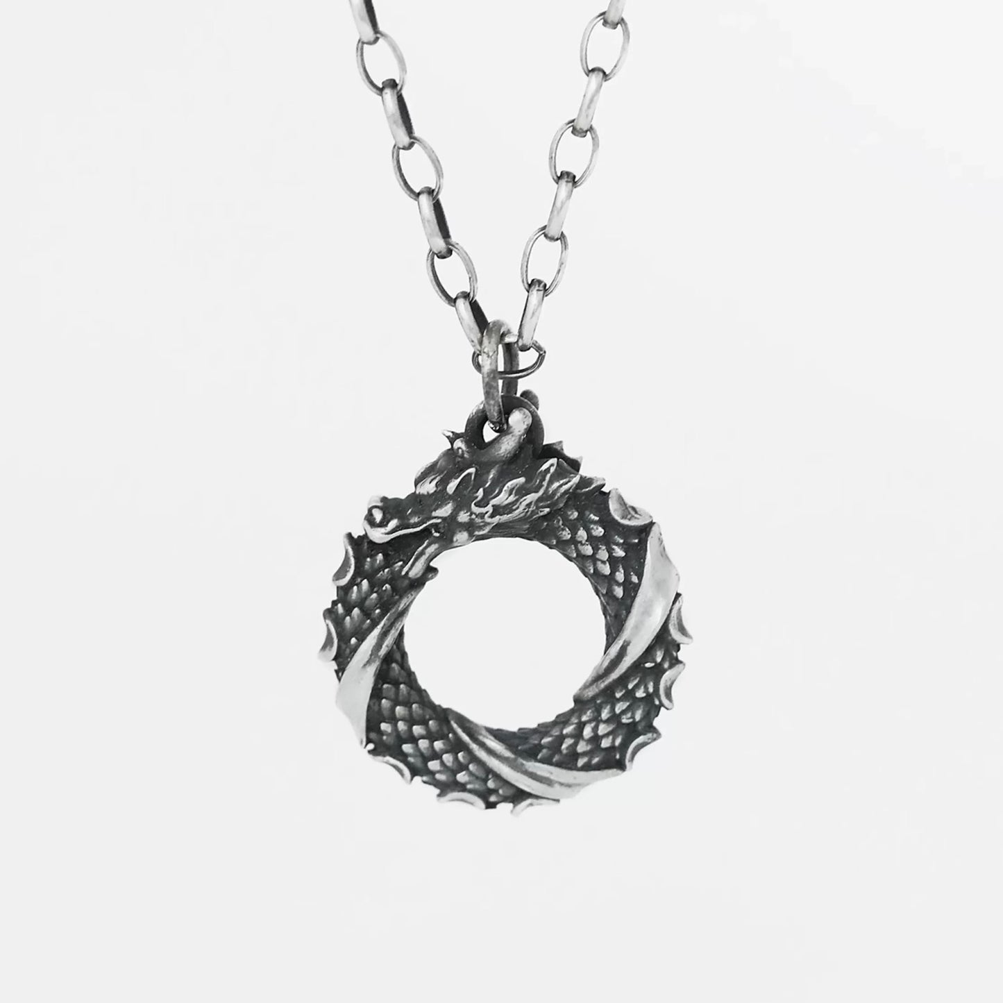 Oxidised Ouroboros Dragon Eating Its Tail Silver Necklace