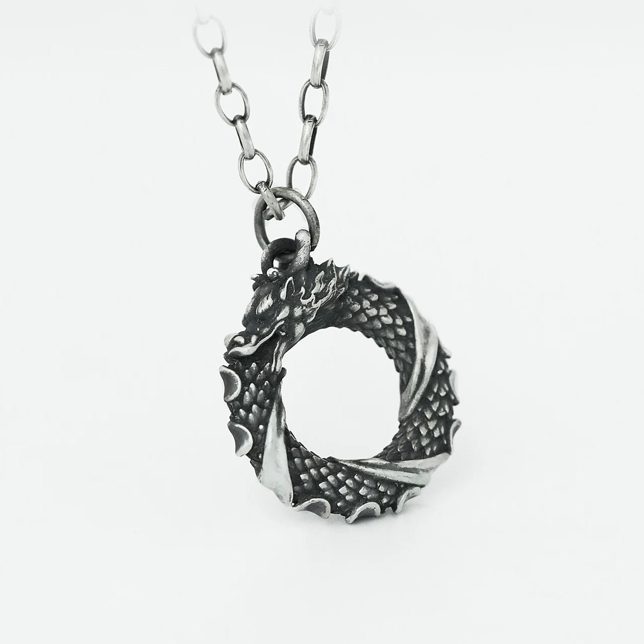 Oxidised Ouroboros Dragon Eating Its Tail Silver Necklace